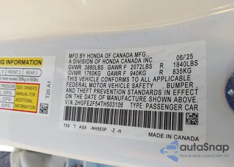 2026 Honda Civic Sport из США, поврежденный, VIN 2HGFE2F54TH503106